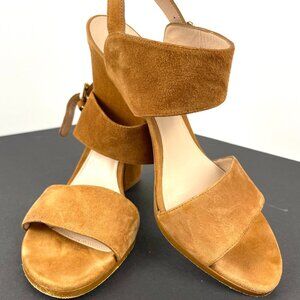 Stuart Weitzman Womens Partisan Sandals Block Heel Ankle Strap Beige Suede 9M